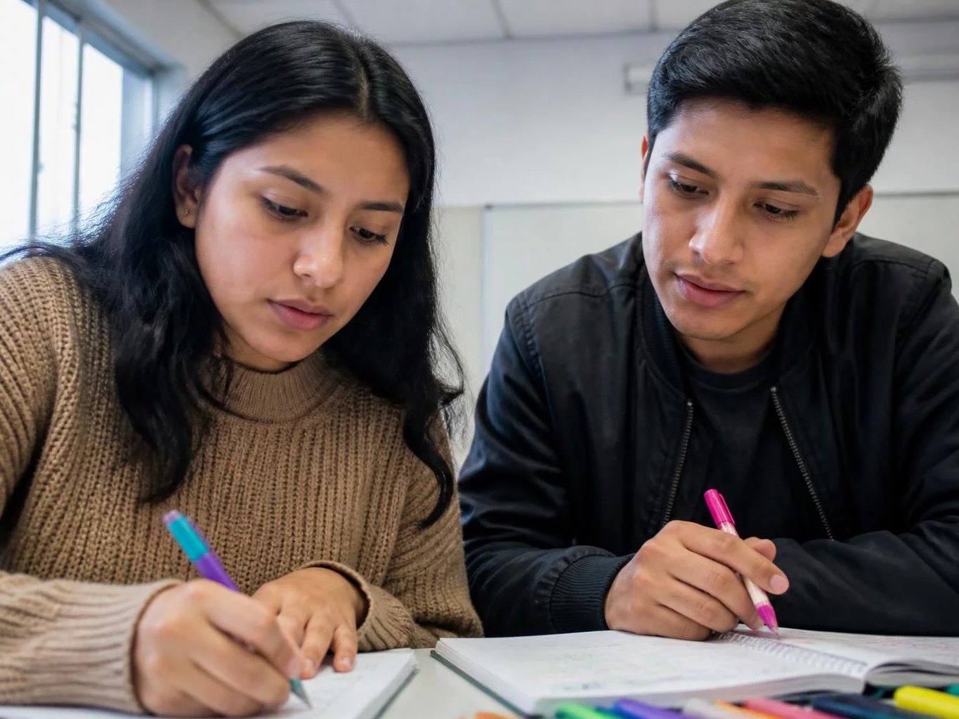 Dos personas preparando la ronda con cuadernos y plumones de colores