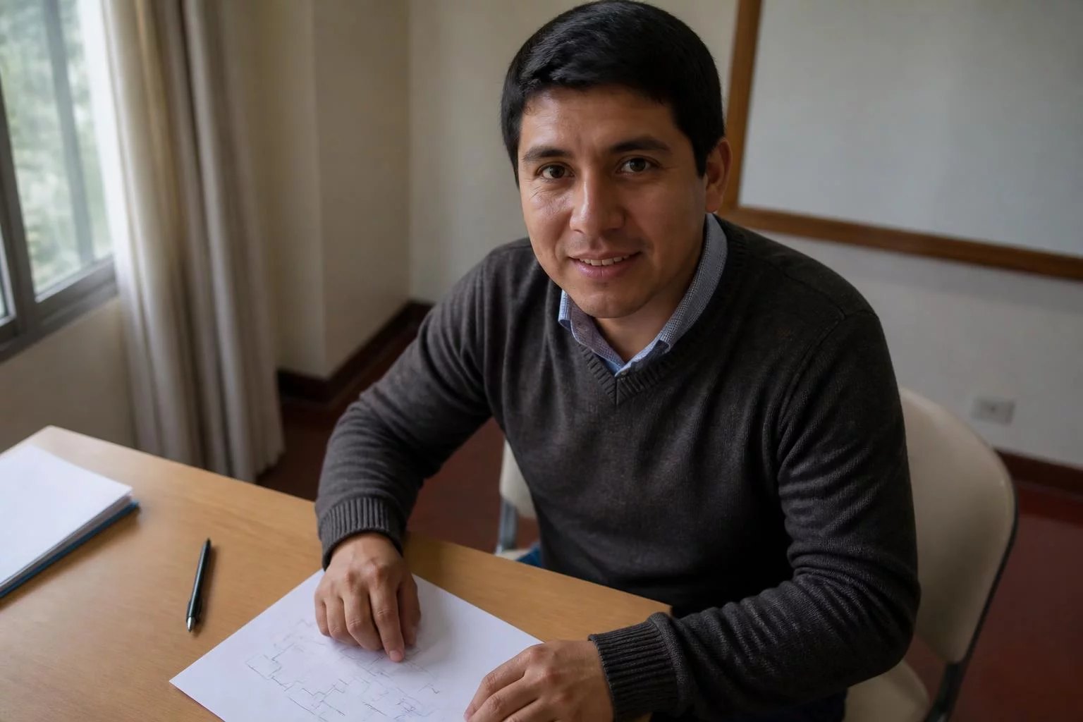 Vista cenital de un escritorio con un diagrama de lógica trazado a mano y un lapicero