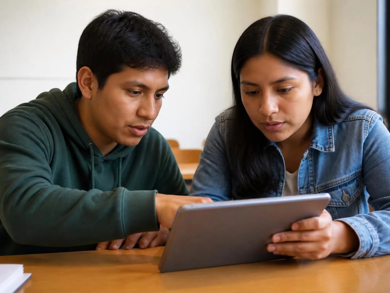 Dos colegas releyendo apuntes en una tablet apoyada en una mesa de madera