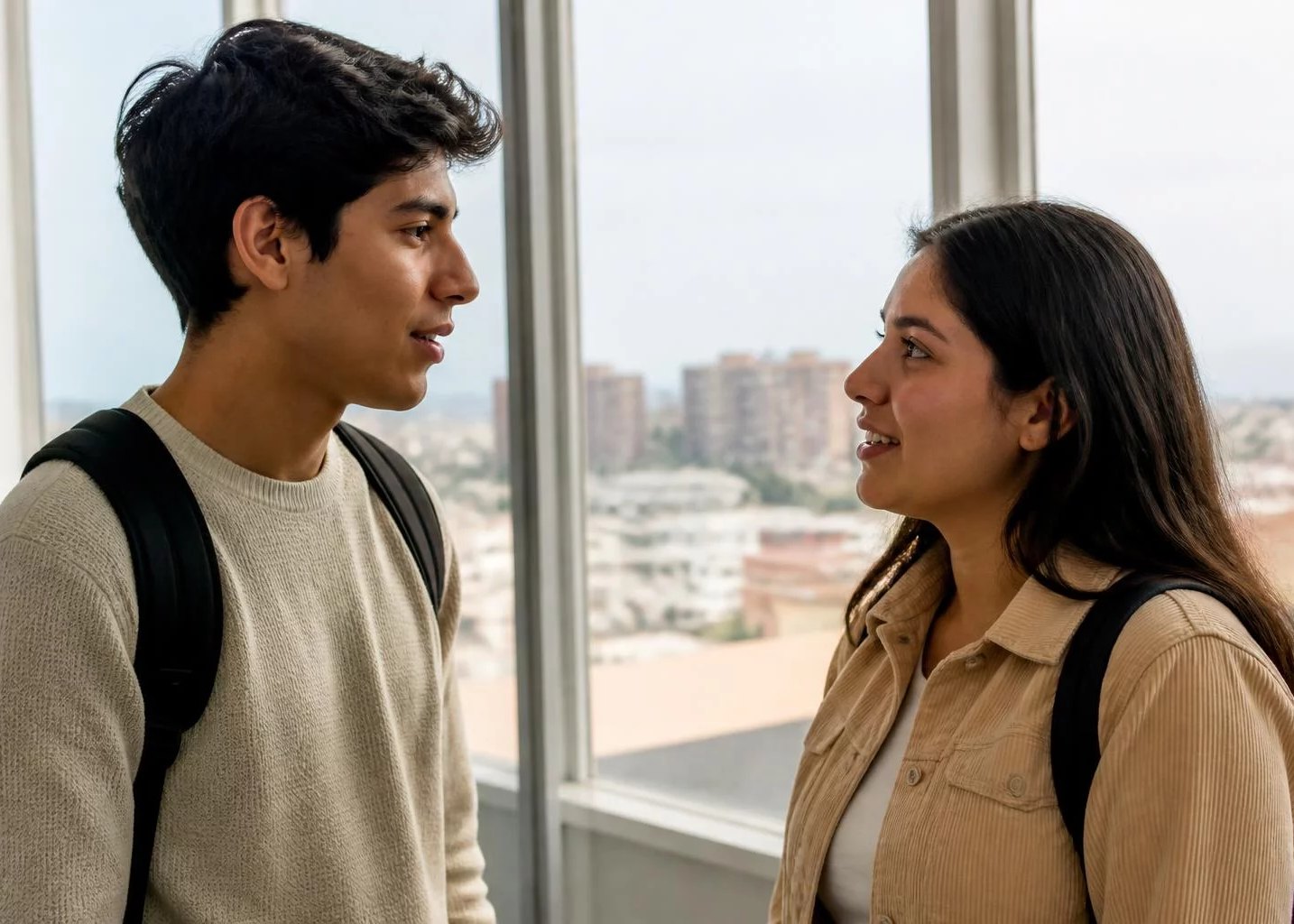 Dos estudiantes con mochila conversando en un pasillo universitario
