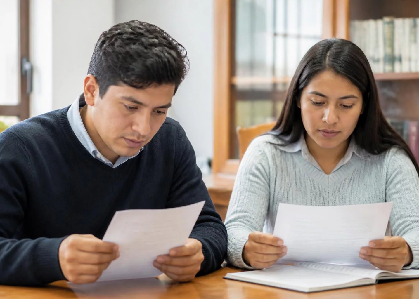 Dos personas leyendo hojas de argumento impresas en la mesa