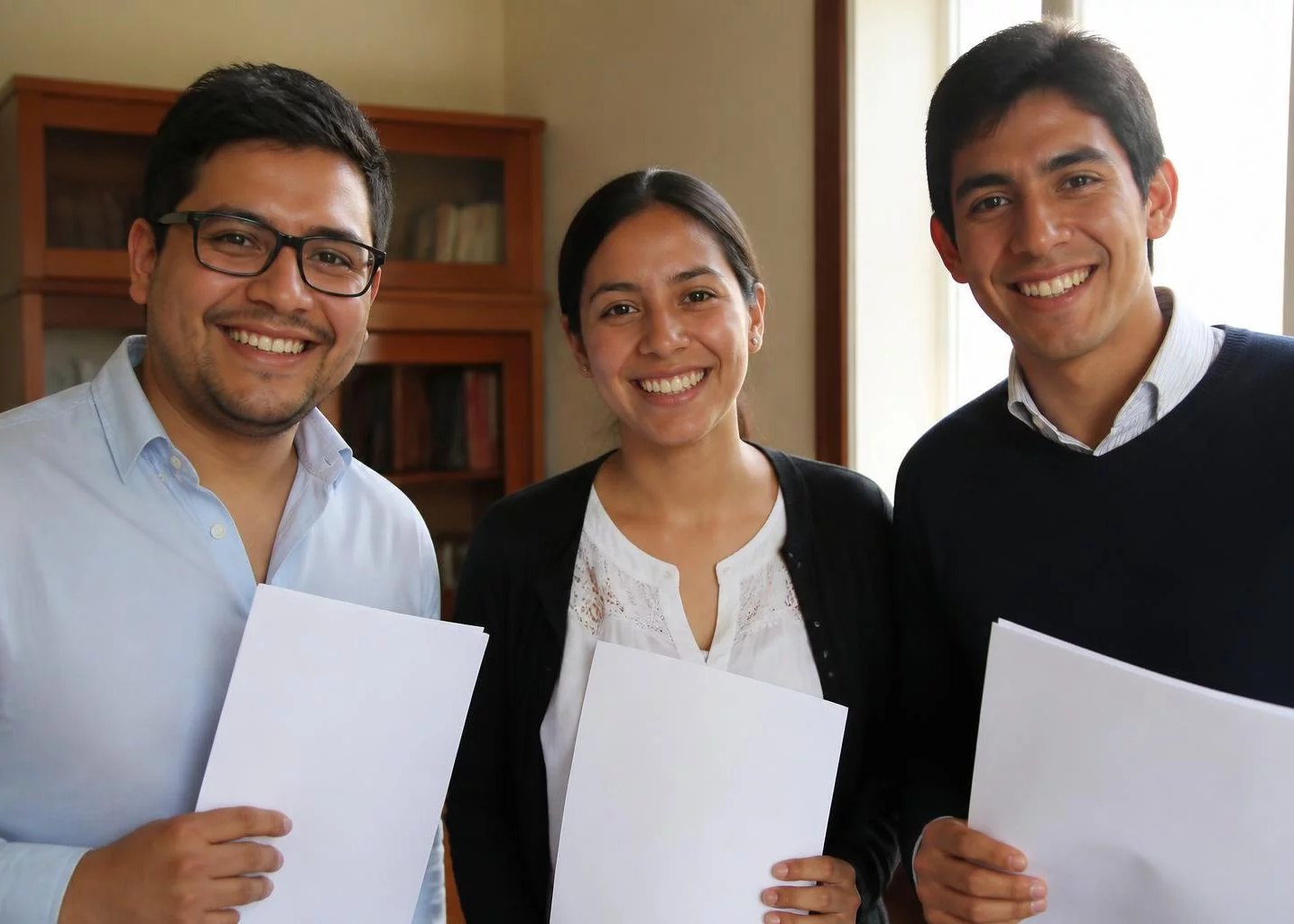 Tres adultos sonriendo al terminar una ronda, con las hojas en la mano